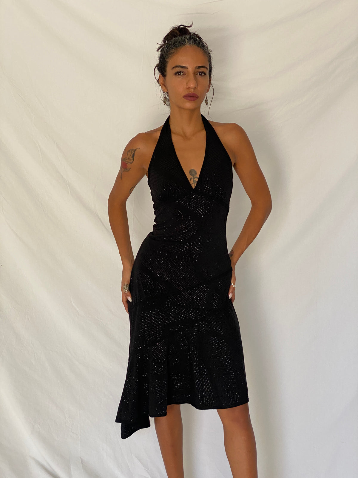 Vintage Y2K Lipstick Black Glitter Swirl Halter Asymmetric Midi Dress- S Vintage Y2K Lipstick Black Glitter Swirl Halter Asymmetric Midi Dress- S