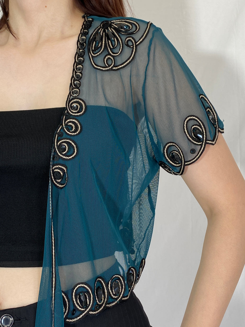 Vintage Teal Sheer Beaded Cropped Cardigan Top - M