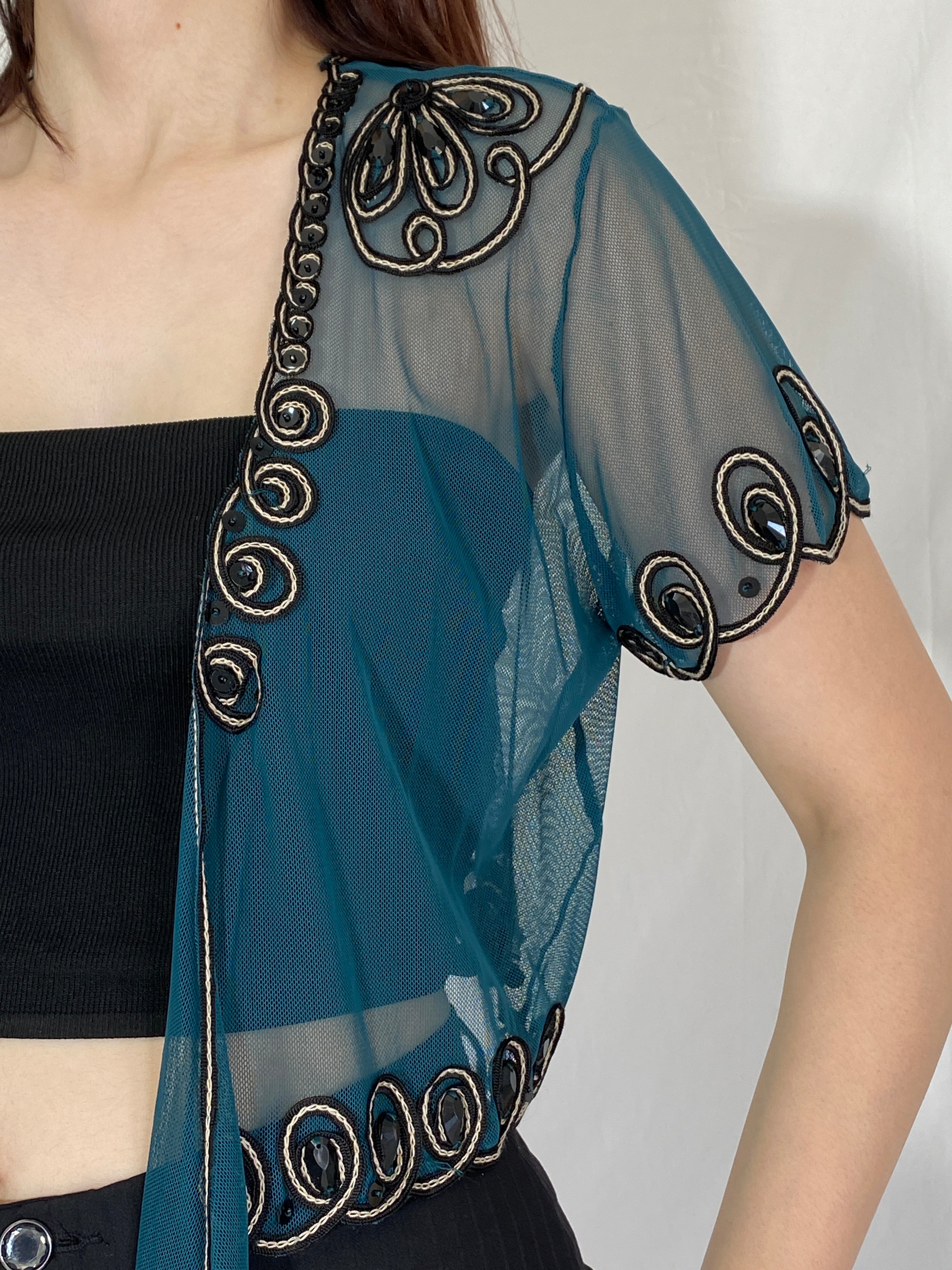 Vintage Teal Sheer Beaded Cropped Cardigan Top - M