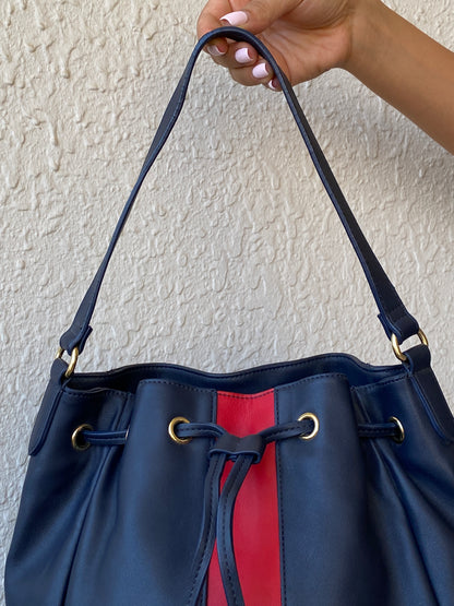 Tommy Hilfiger Navy Blue & Red Drawstring Bucket Shoulder Bag