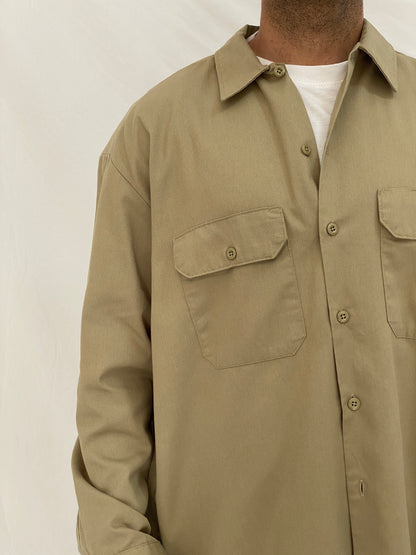 Vintage Dickies Workwear Khaki Button-Up Shirt Beige Utility Work Shirt - XL