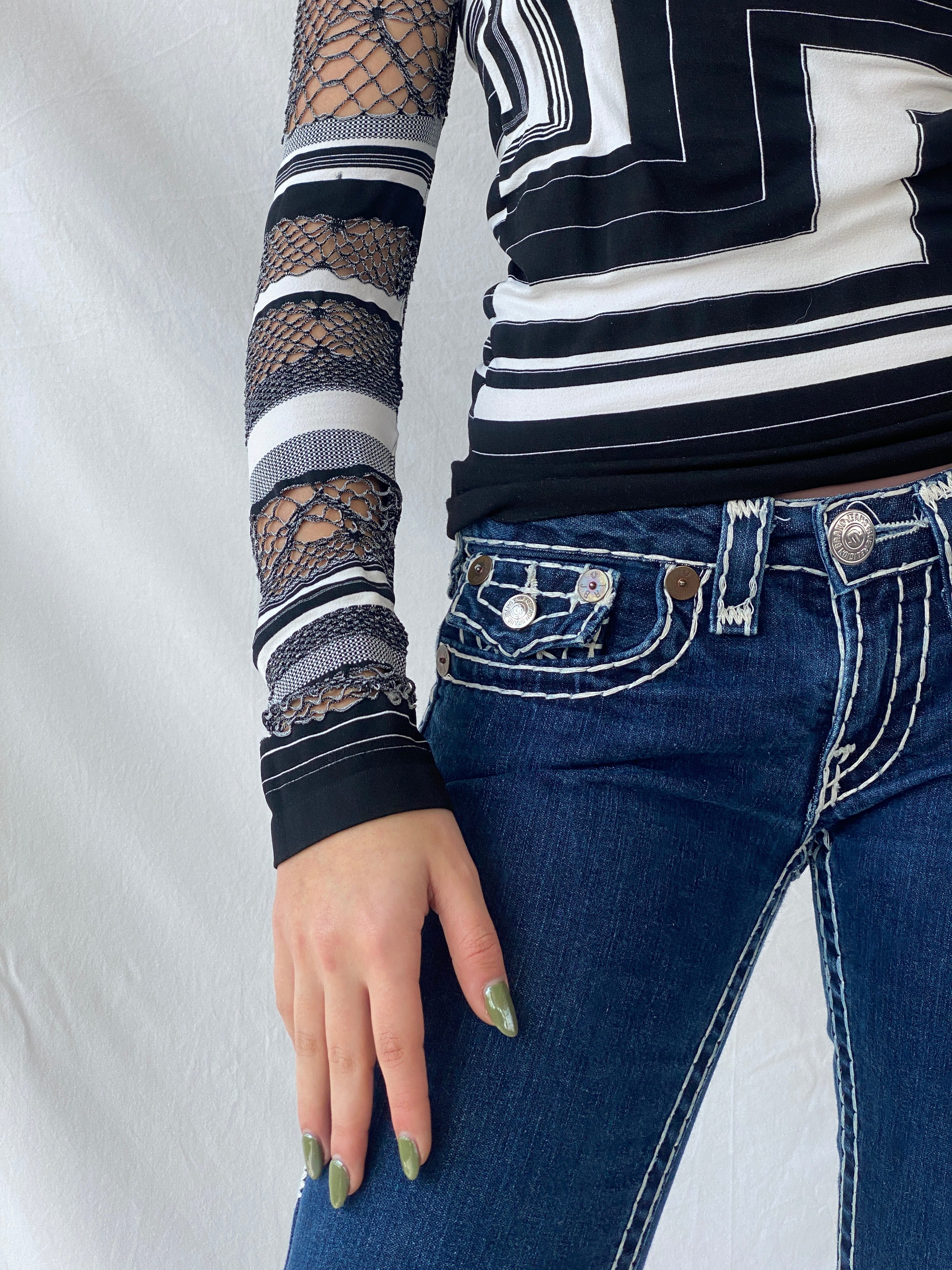 Y2K Sugar Lips Off Shoulder Striped Black & White Women’s Top - S