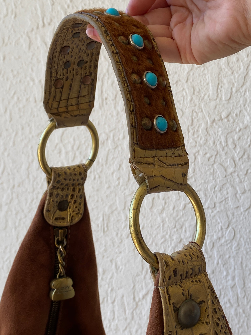 Gorgeous Kathy Van Zeeland Brown Vegan Suede Gold Faux Leather Trim Western Boho Shoulder Bag