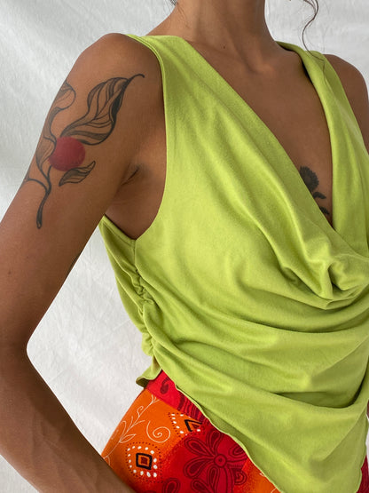 Y2K Lime Green Cowl Neck Ruched Sides Sleeveless Women’s Top - M