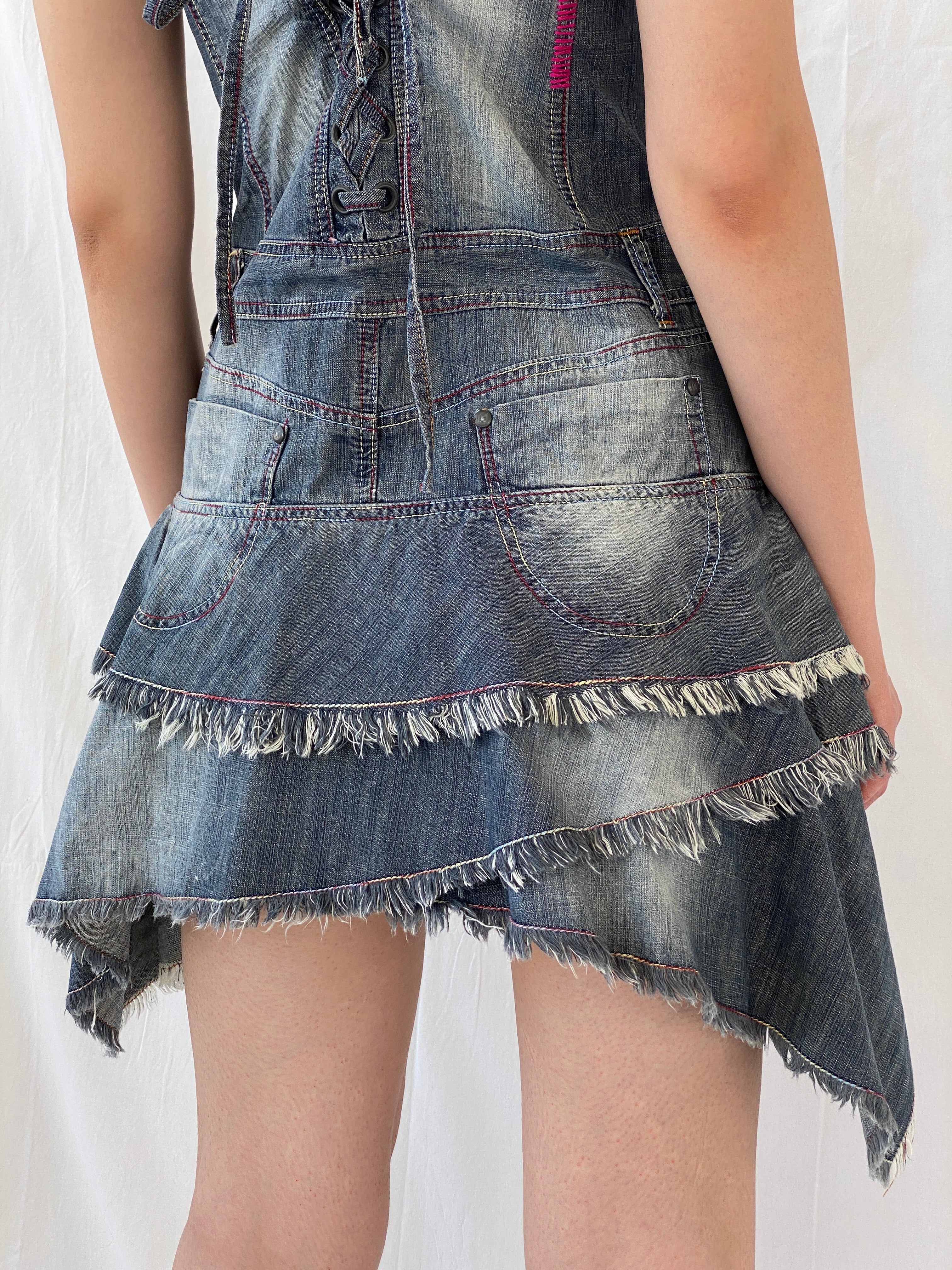 Vintage Y2K LIFEGATE Silvian Heach Asymmetric Layered Hem Short Denim Dress - L