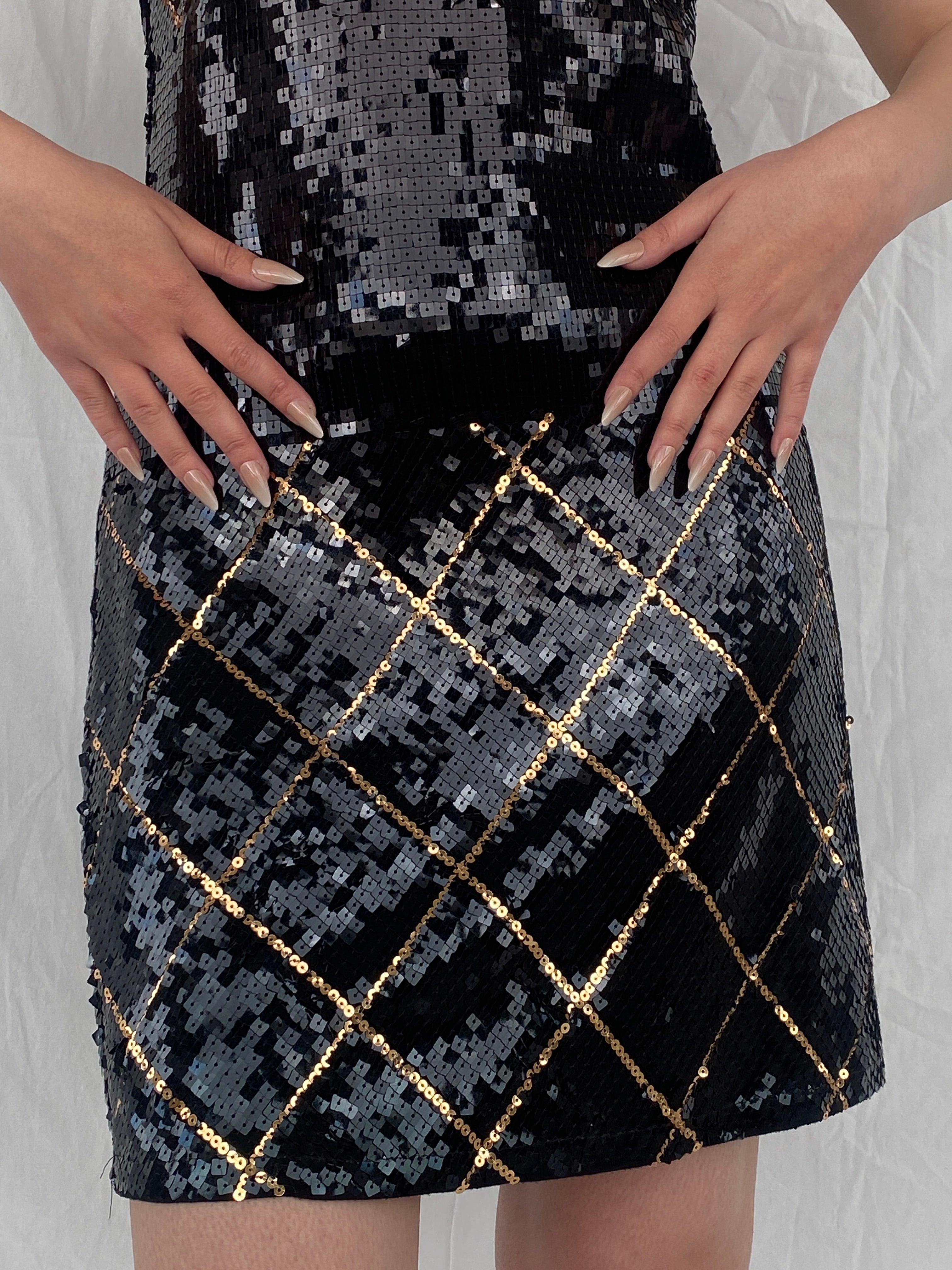 Vintage Lauren Michelle Black & Gold Sequin Midi Party Dress -M