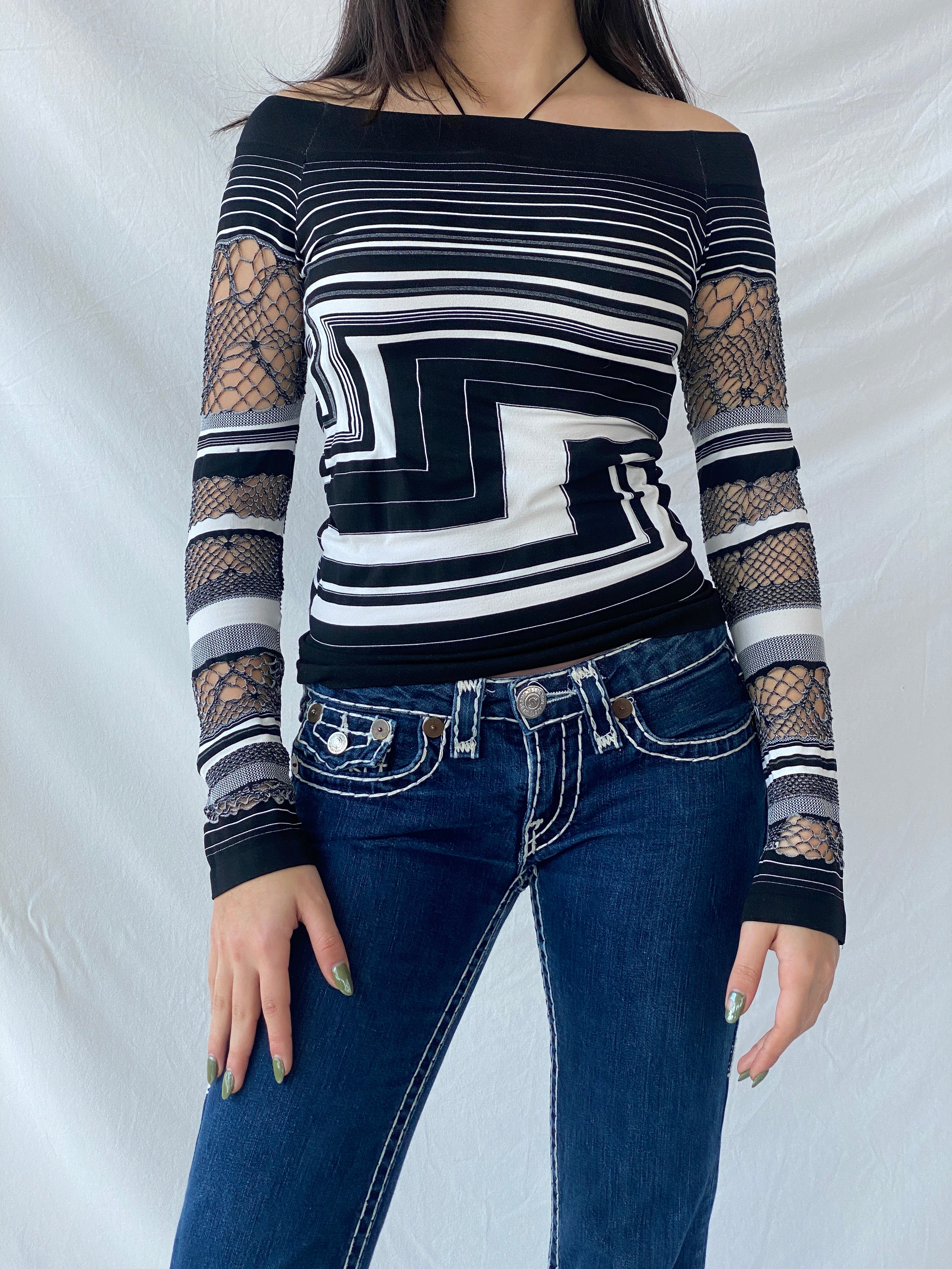 Y2K Sugar Lips Off Shoulder Striped Black & White Women’s Top - S