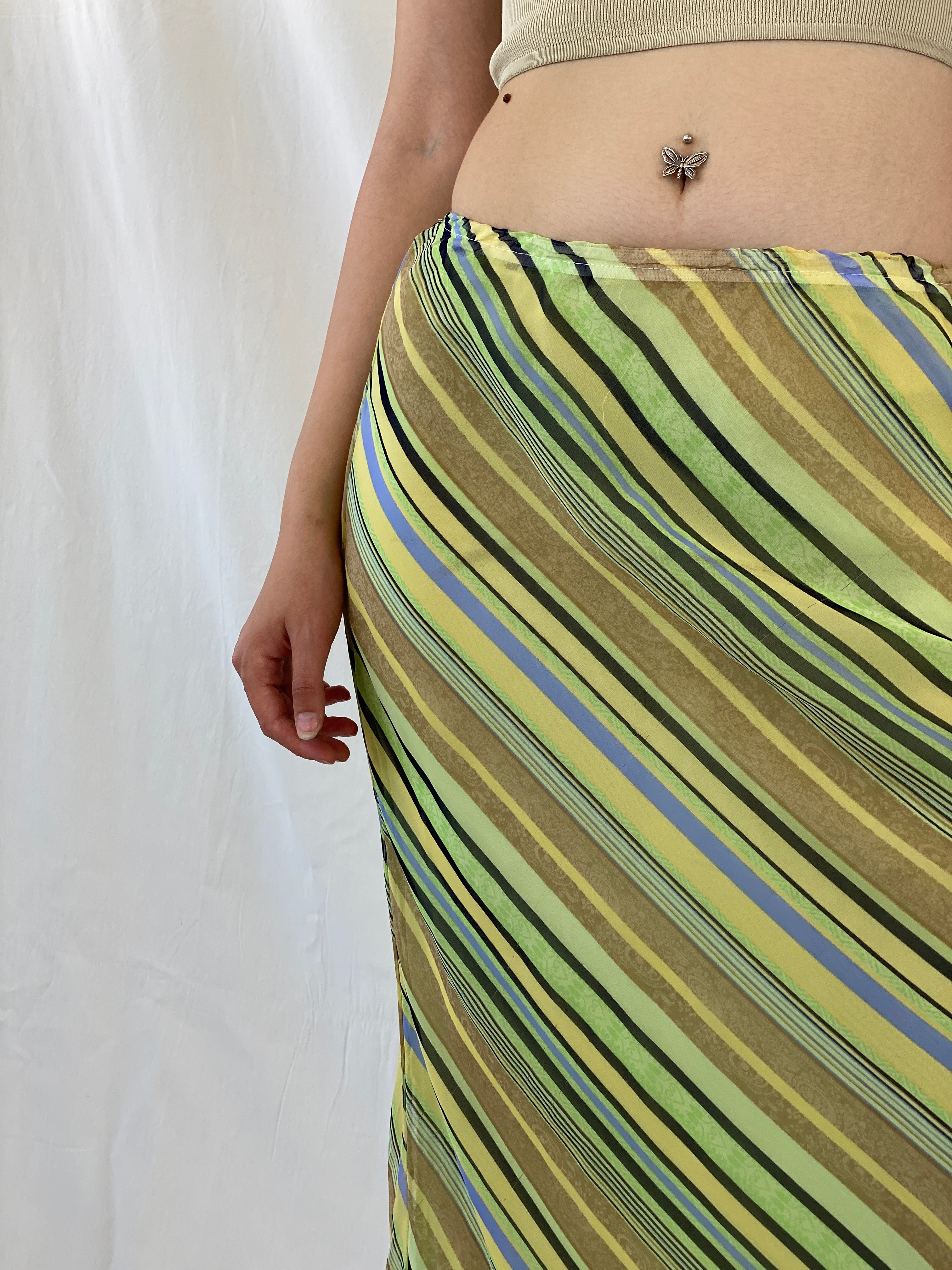 Vintage 90s Giorgio Fiorlini Striped Green Butter Yellow Maxi Skirt - S