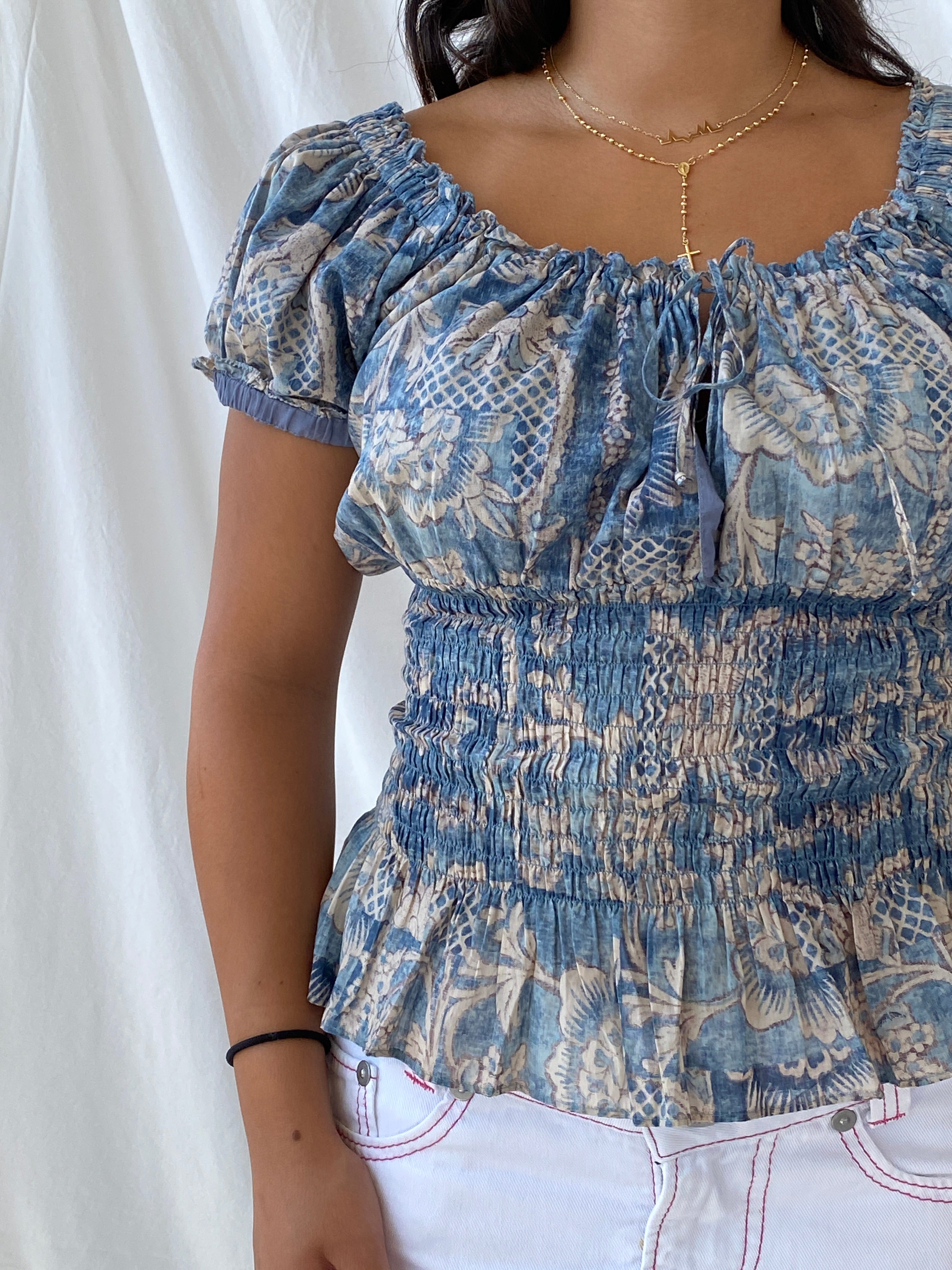 LRL Lauren JeansCo Cottage Core Blue Top