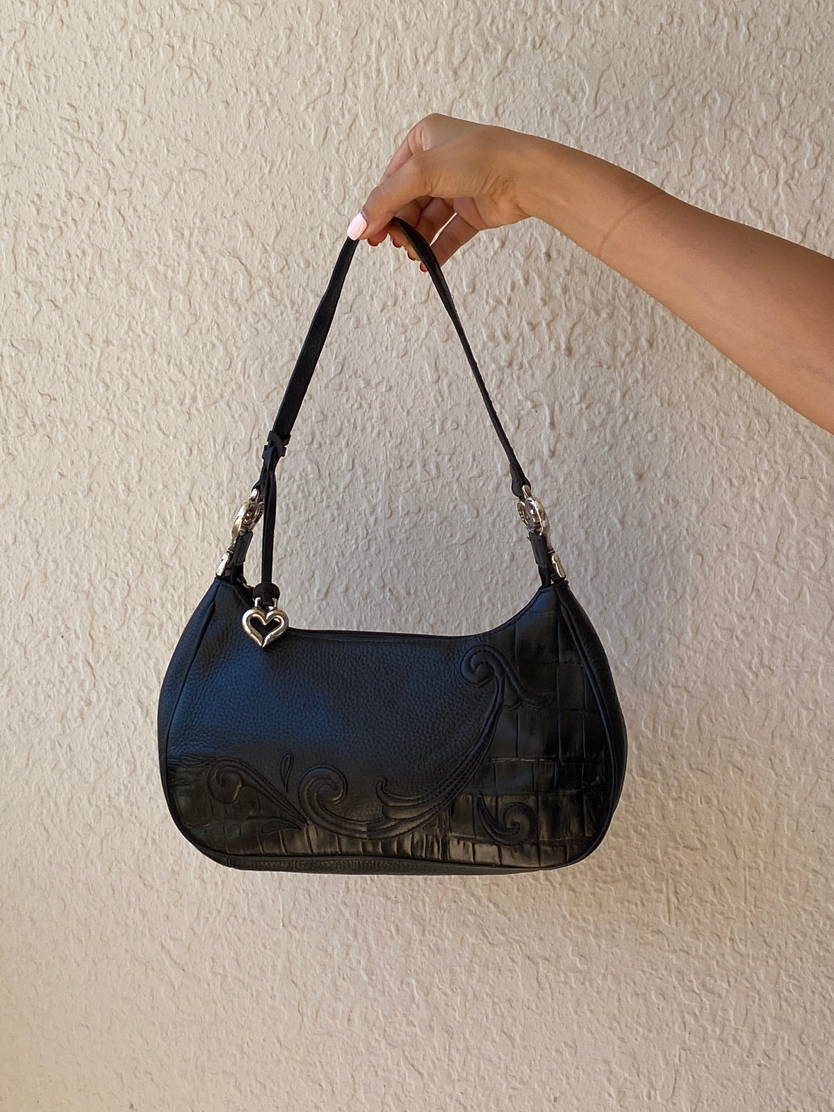 Vintage Y2K Brighton Black Genuine Leather Whimsigoth Shoulder Bag with Heart Charm Vintage Y2K Brighton Black Genuine Leather Whimsigoth Shoulder Bag with Heart Charm