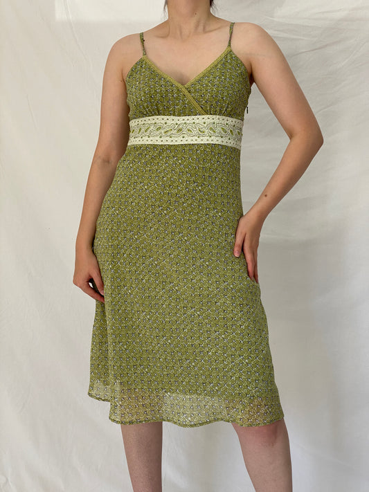 Y2K Vero Moda Olive Green Paisley Floral Beaded Midi Dress – M