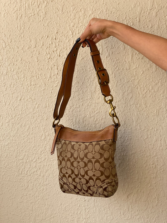 Vintage 2000s Coach Signature Monogram Canvas Shoulder Bag Brown & Tan Leather Trim