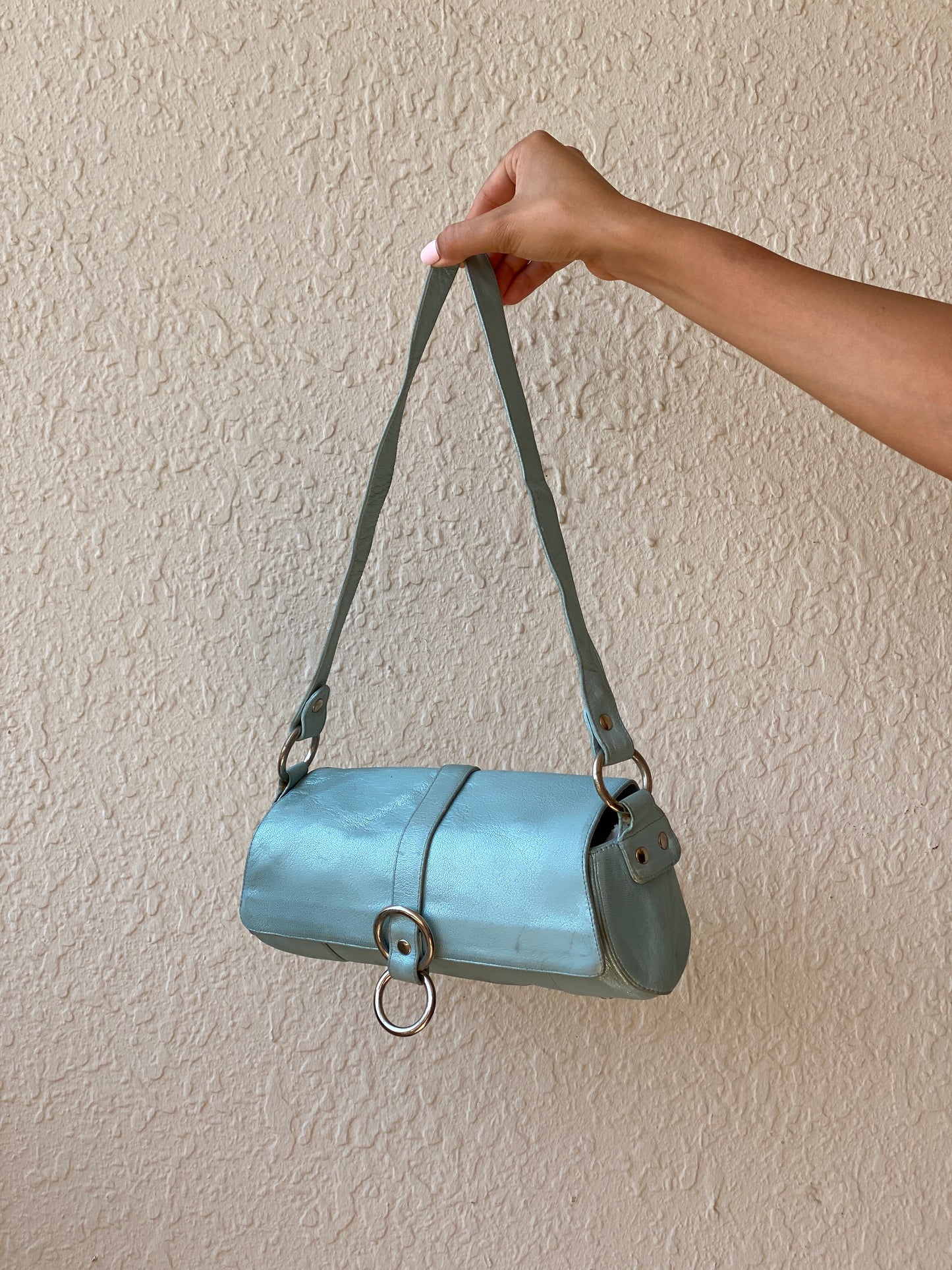 Vintage Stuart Weitzman Metallic Ice Blue Leather Shoulder Bag