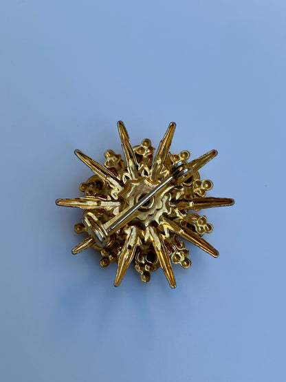 Vintage Mid-Century Gold Tone Blue Rhinestone Miraculous Medal Virgin Mary Starburst Brooch
