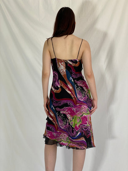 Vintage 90s Abstract Psychedelic Slip Swirl Midi Party Dress - M