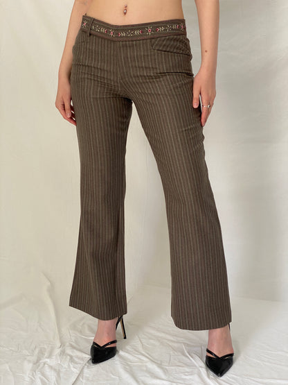 Vintage Rebecca Taylor Brown Wool Pinstripe Embroidered Flare Pants - M