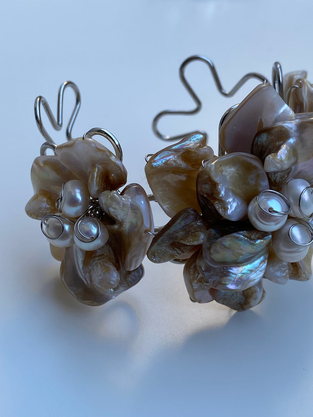Vintage Mother of Pearl Cluster Cuff Handmade Artisan Shell Bracelet Vintage Mother of Pearl Cluster Cuff Handmade Artisan Shell Bracelet