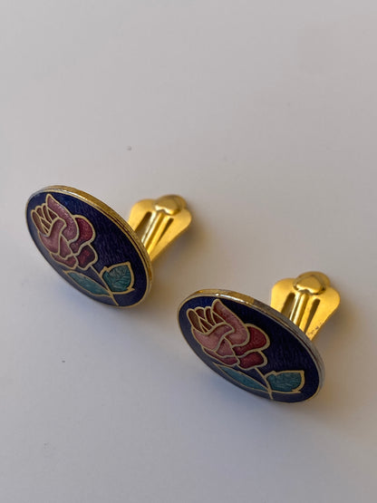 Vintage Enamel Rose Clip-On Blue Floral Cloisonné Style Mini Earrings