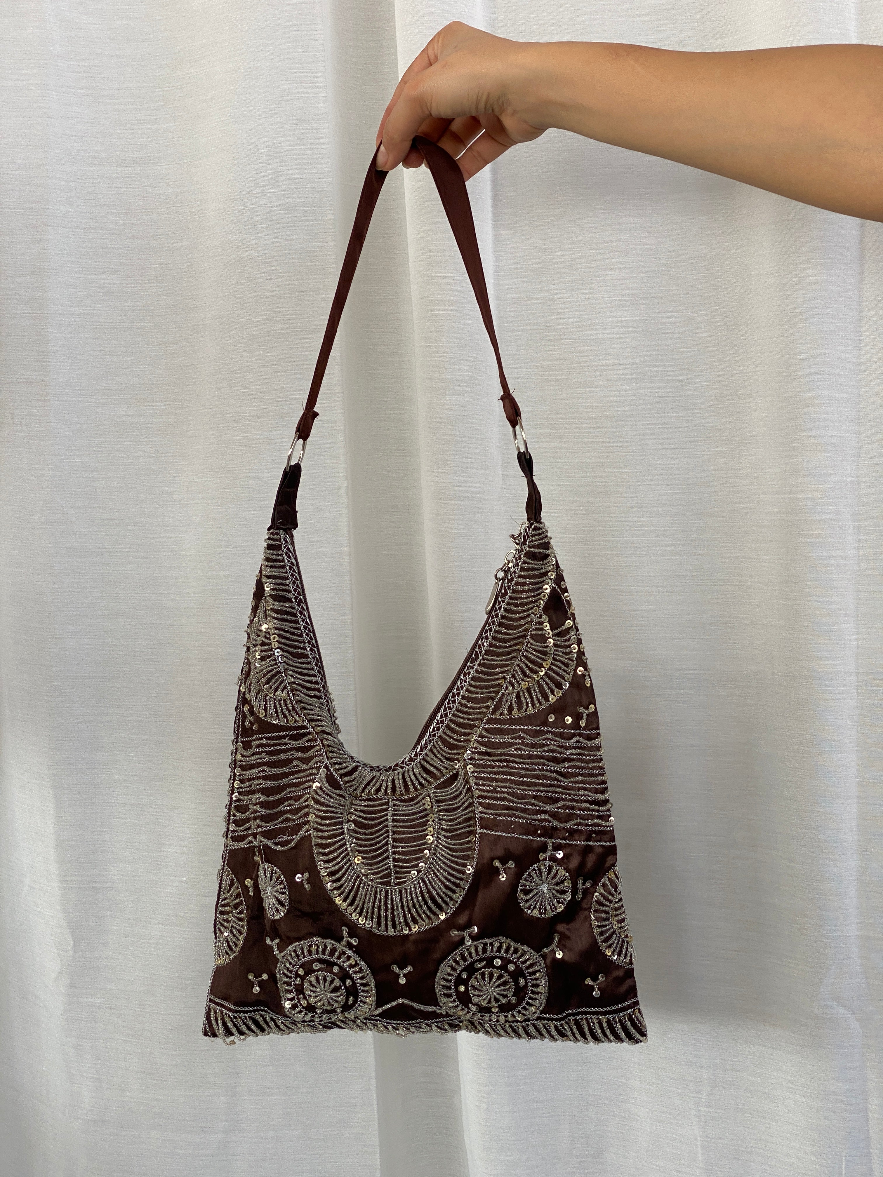 Y2K Aldo Brown Sequin Sparkle Beaded Hobo Party Bag