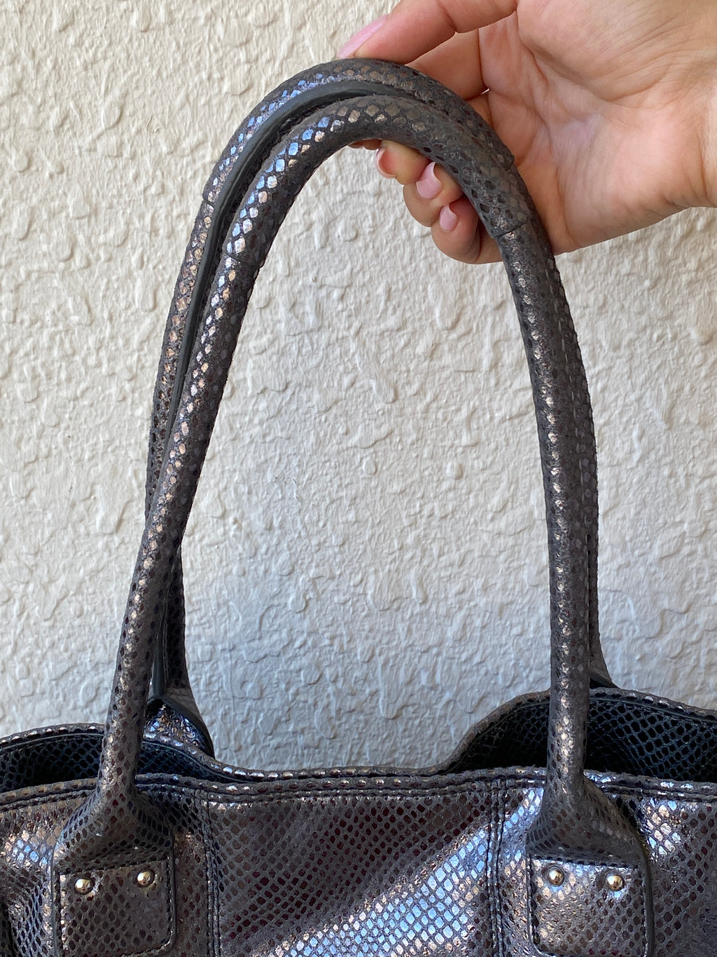 Calvin Klein Snakeskin Faux Leather Tote Bag Metallic Black Grey Purse