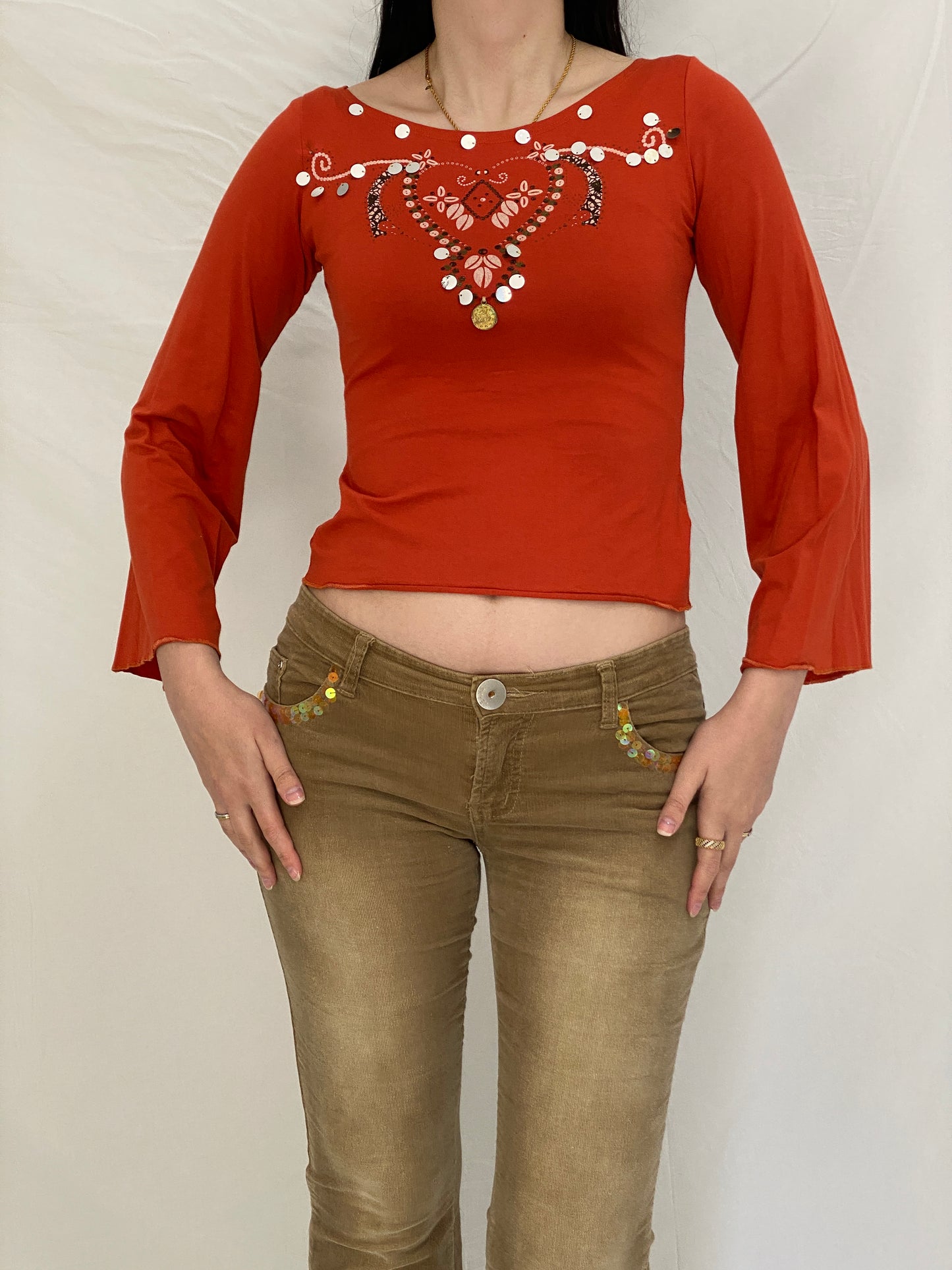 Y2K Exzotica Orange Embellished Graphic Top with Coin Details - S