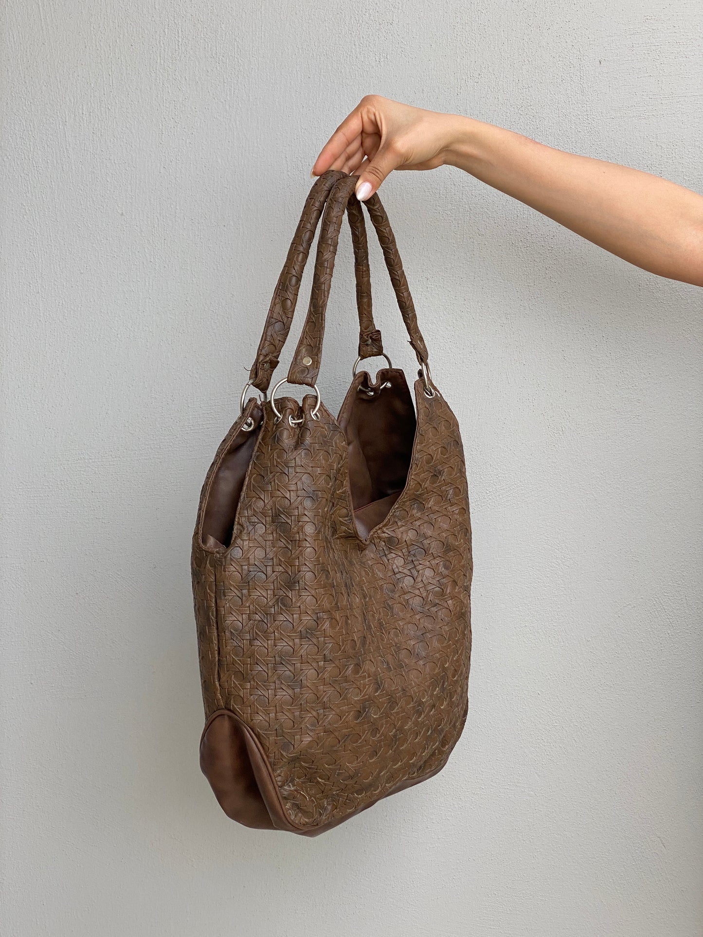 Vintage Y2K Brown Embossed Leather Hobo Bag Woven Texture Slouchy Shoulder Bag