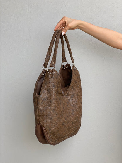 Vintage Y2K Brown Embossed Leather Hobo Bag Woven Texture Slouchy Shoulder Bag