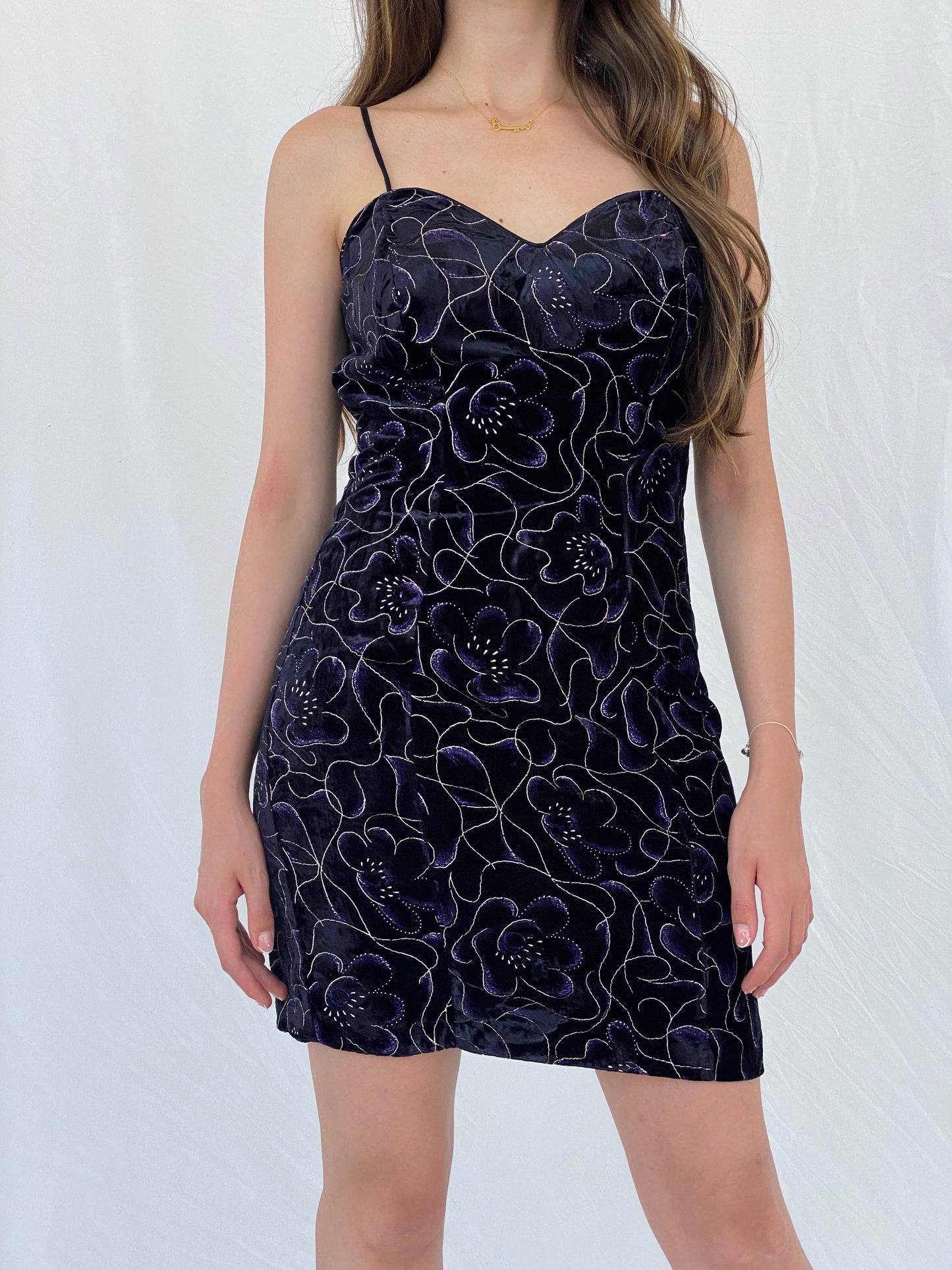 90s Be Smart Black and Purple Floral Velvet Strappy Dress - M