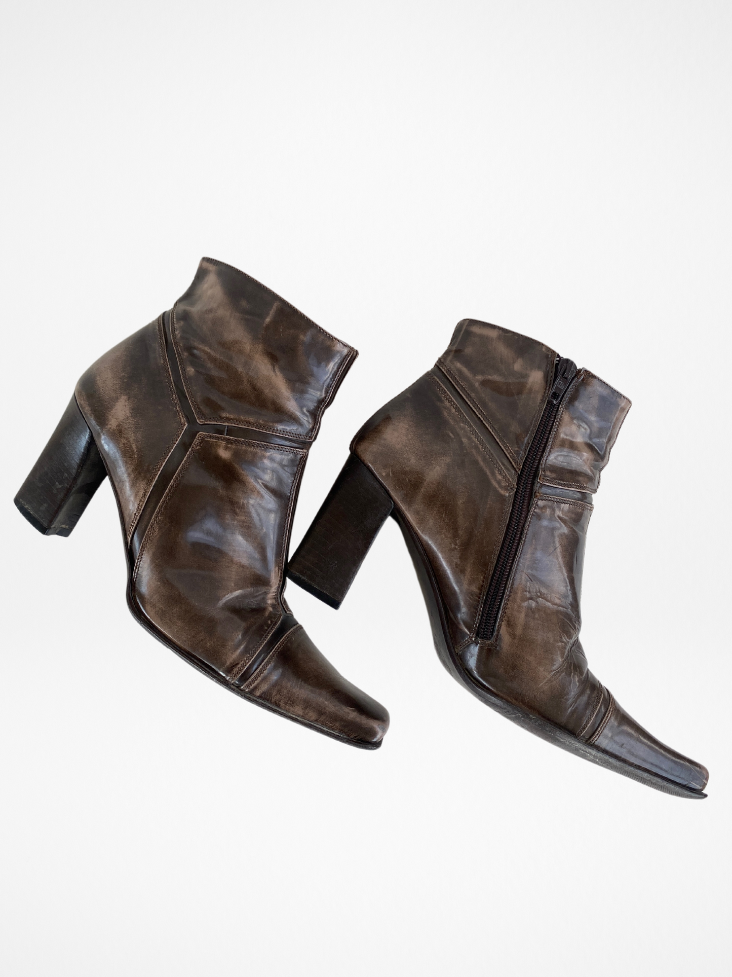 90s Mexx Bronze Leather Elongated Square Toe Ankle Boots - 39