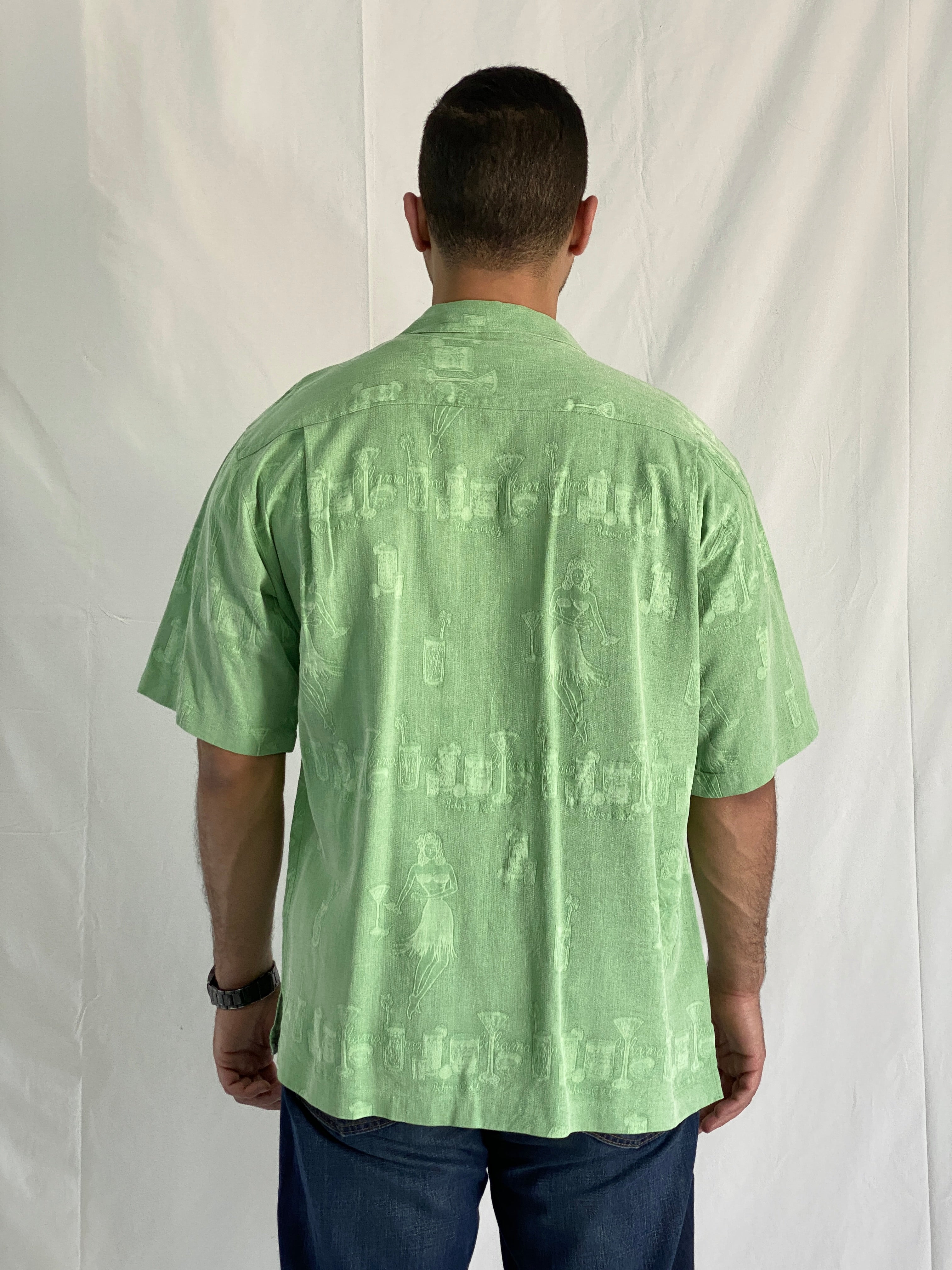 Vintage Tommy Bahama Silk Green Hawaiian Camp Shirt – Cocktail & Hula Print Men’s Shirt - L