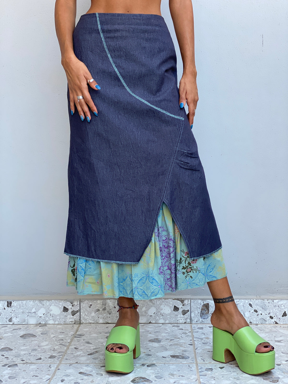 Vintage Y2K Renato Bene Paris Chambray Overlay Floral Midi Skirt Asymmetrical Layered Boho Skirt - S Vintage Y2K Renato Bene Paris Chambray Overlay Floral Midi Skirt Asymmetrical Layered Boho Skirt - S