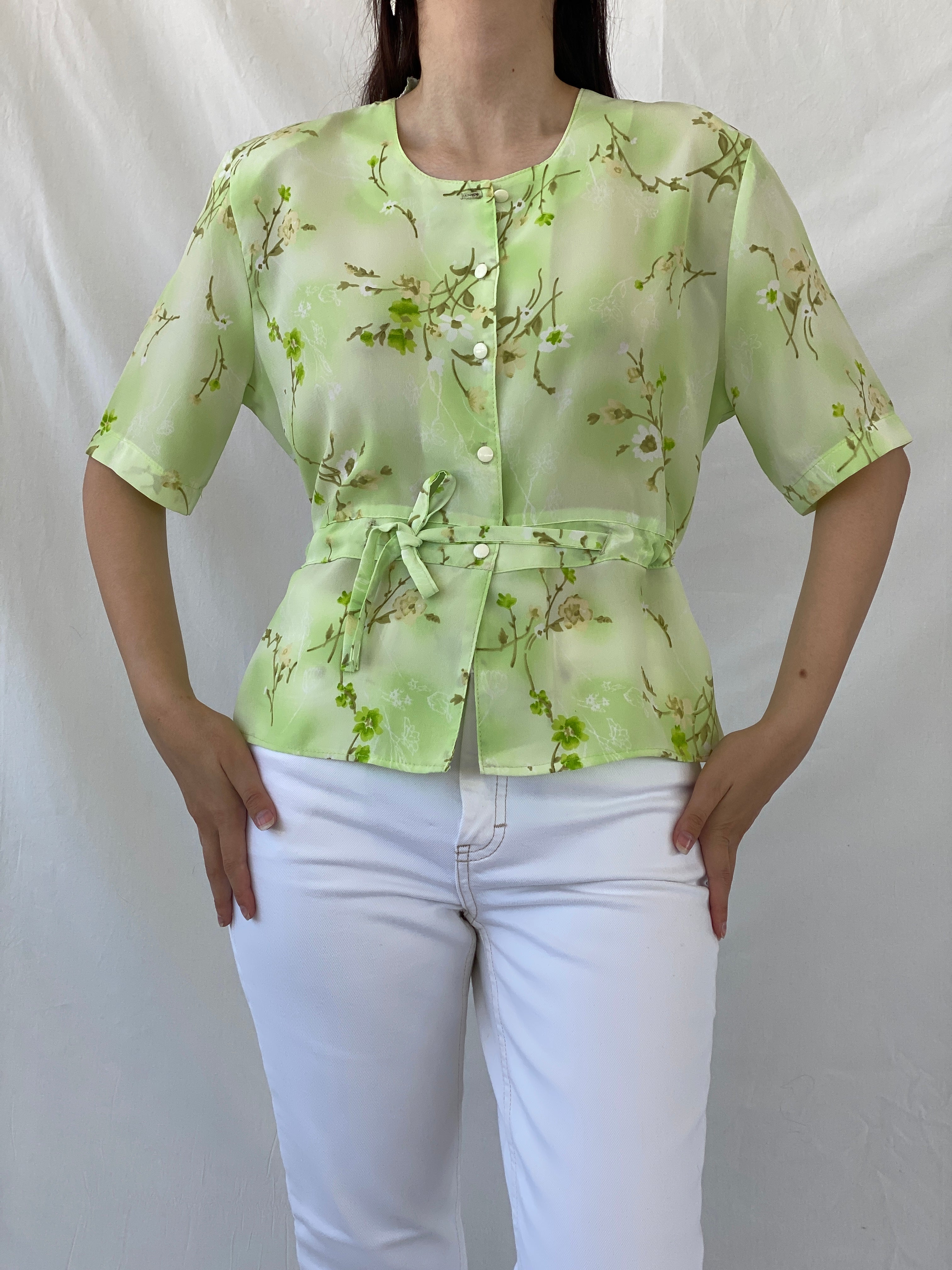 Vintage Lime Green Floral Waist Tie Button Up Short Sleeve Shirt - L