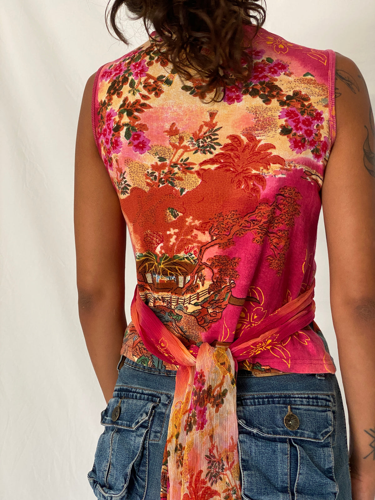 Vintage Y2K Derhy Pink Orange Embellished Floral Boho Draped Sleeveless Top - S Vintage Y2K Derhy Pink Orange Embellished Floral Boho Draped Sleeveless Top - S