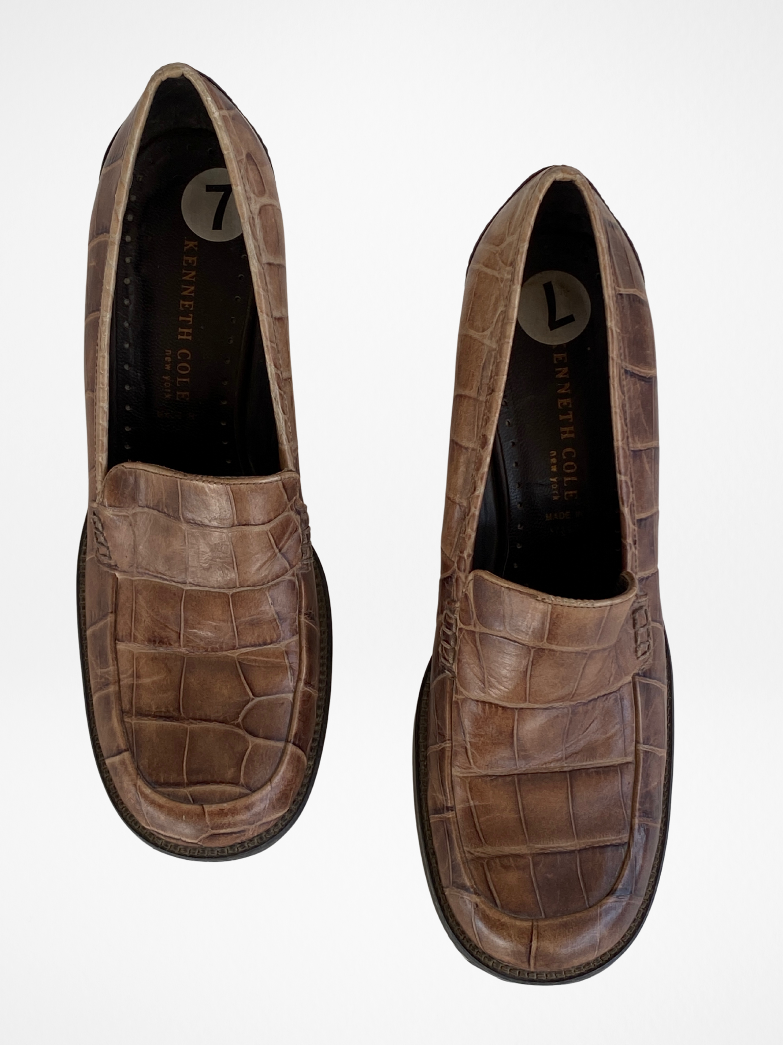 Vintage Kenneth Cole Made in Italy Genuine Leather Croc-Embossed Brown Heeled Loafers - Size 37.5EU