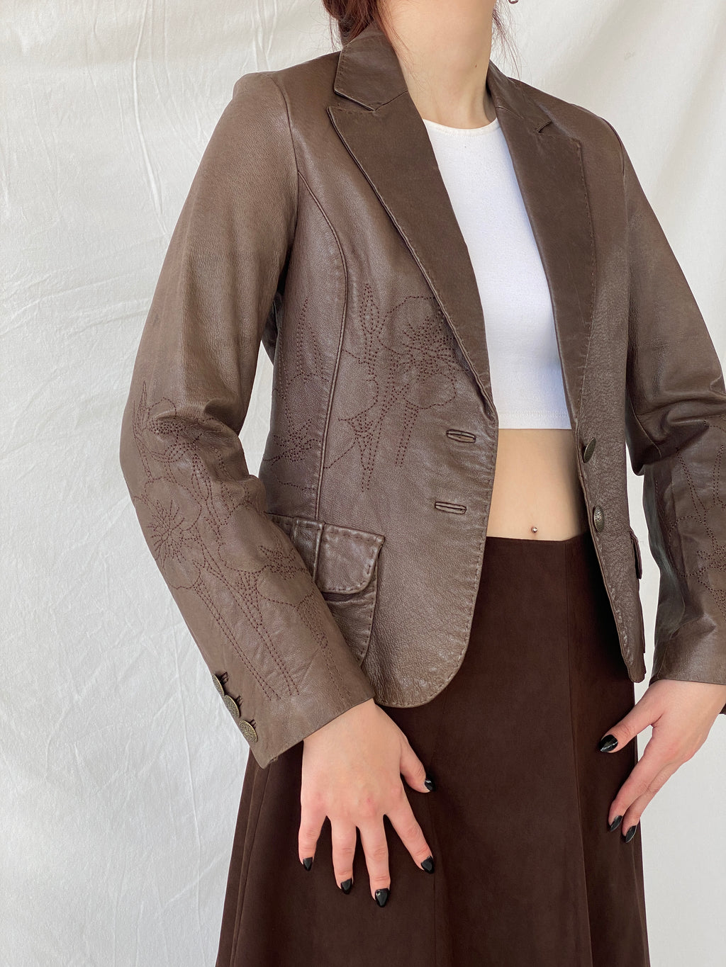 Vintage FRANSA Brown Genuine Leather Floral Embroidered Women’s Blazer Jacket - M