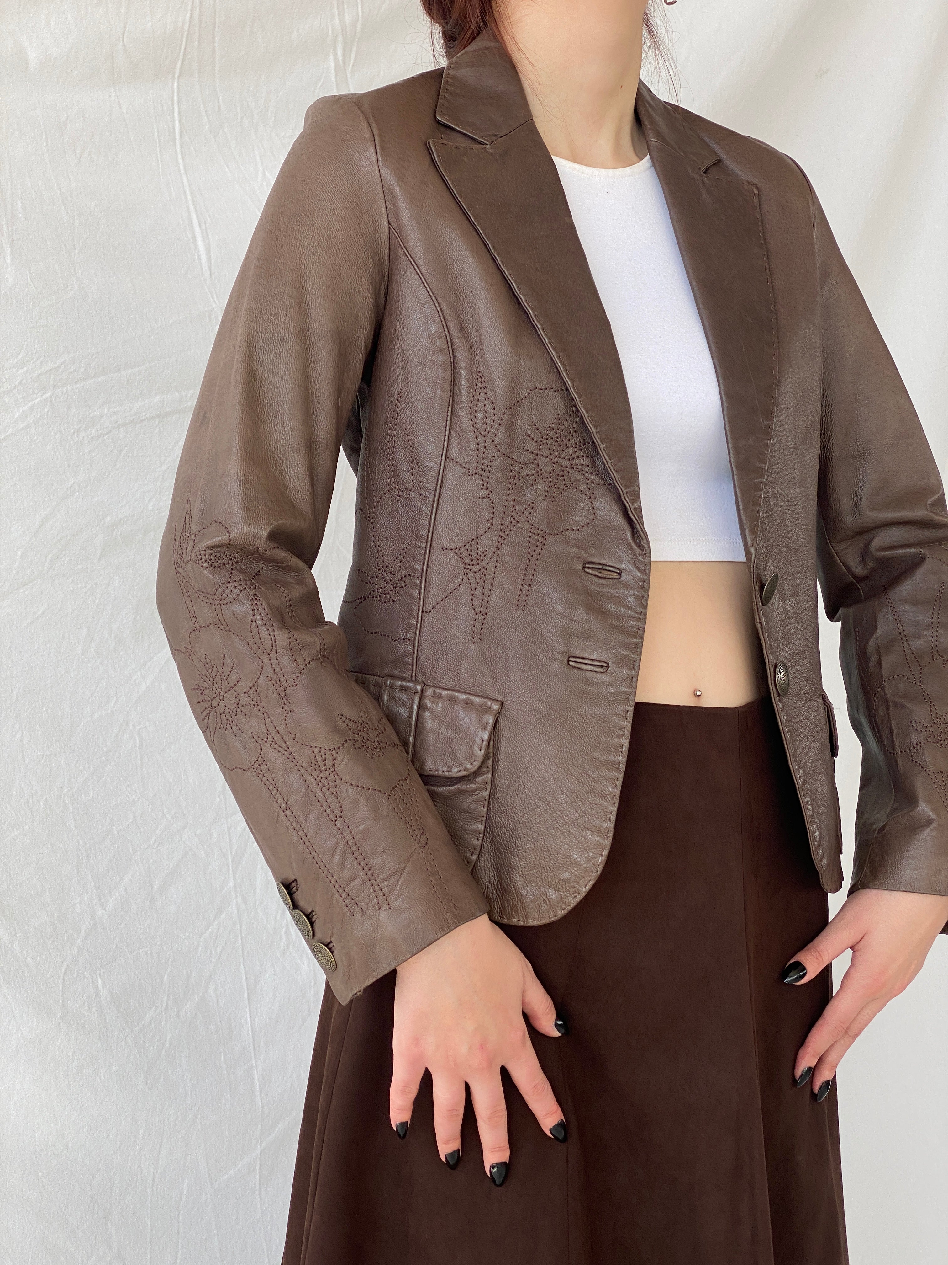 Vintage FRANSA Brown Genuine Leather Floral Embroidered Women’s Blazer Jacket - M