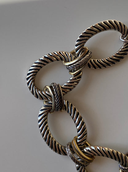 Vintage Chunky Textured Link Bracelet Silver & Gold-Tone Oval Links with Toggle Clasp