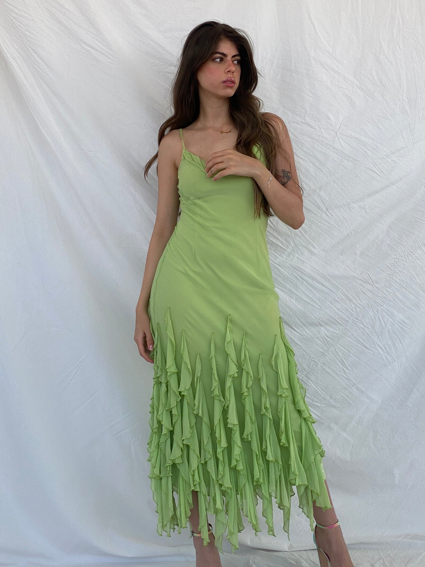 Beautiful Vintage Cici B Silk Lime Beaded Ruffle Bottom Lime Maxi Dress - M