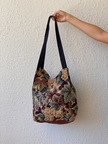 Vintage Floral Tapestry Tote Bag Earth Tone Bucket Bag