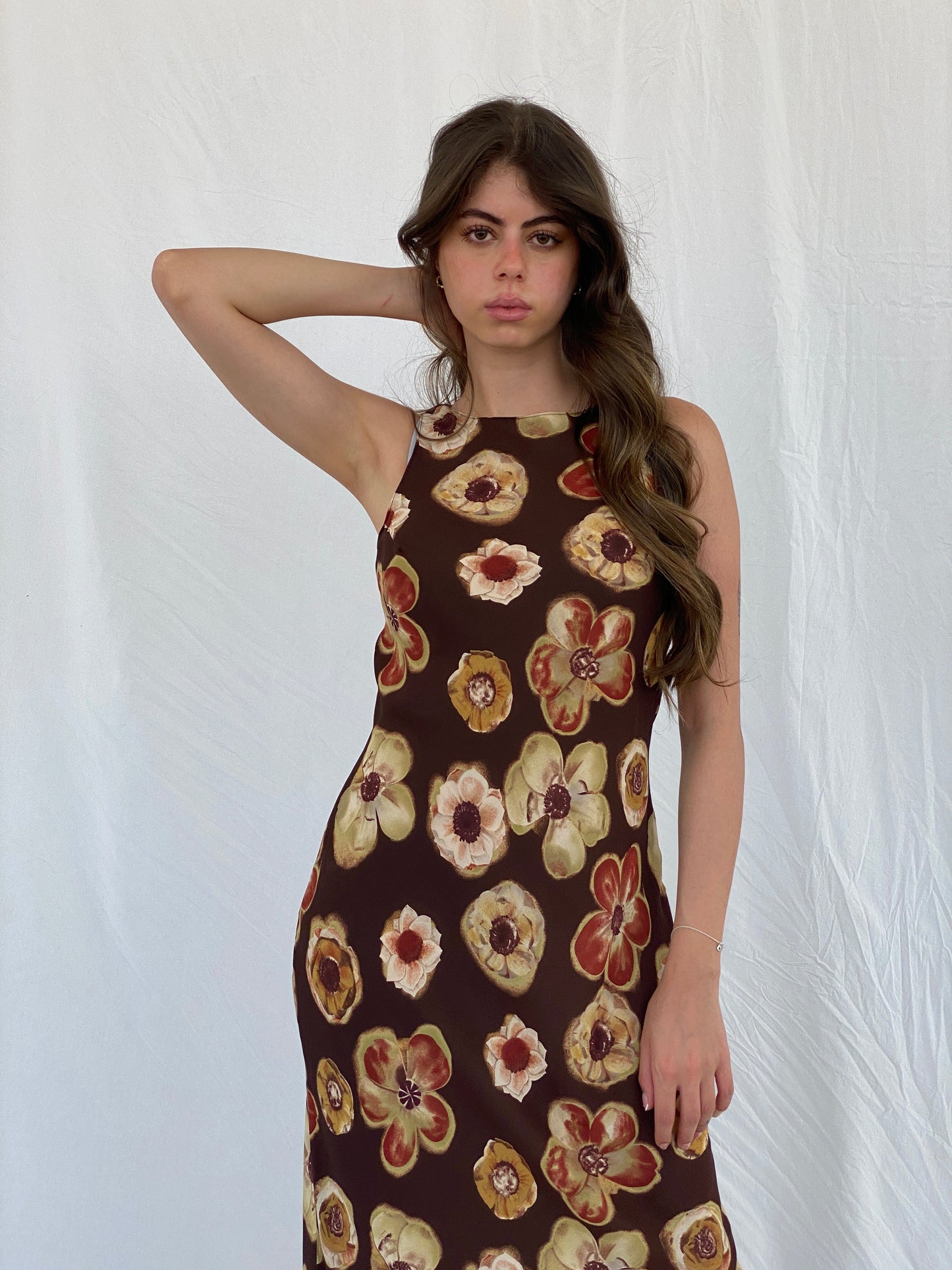 Vintage 90s PJLA Floral Brown Bodycon Sleeveless Maxi Dress - M