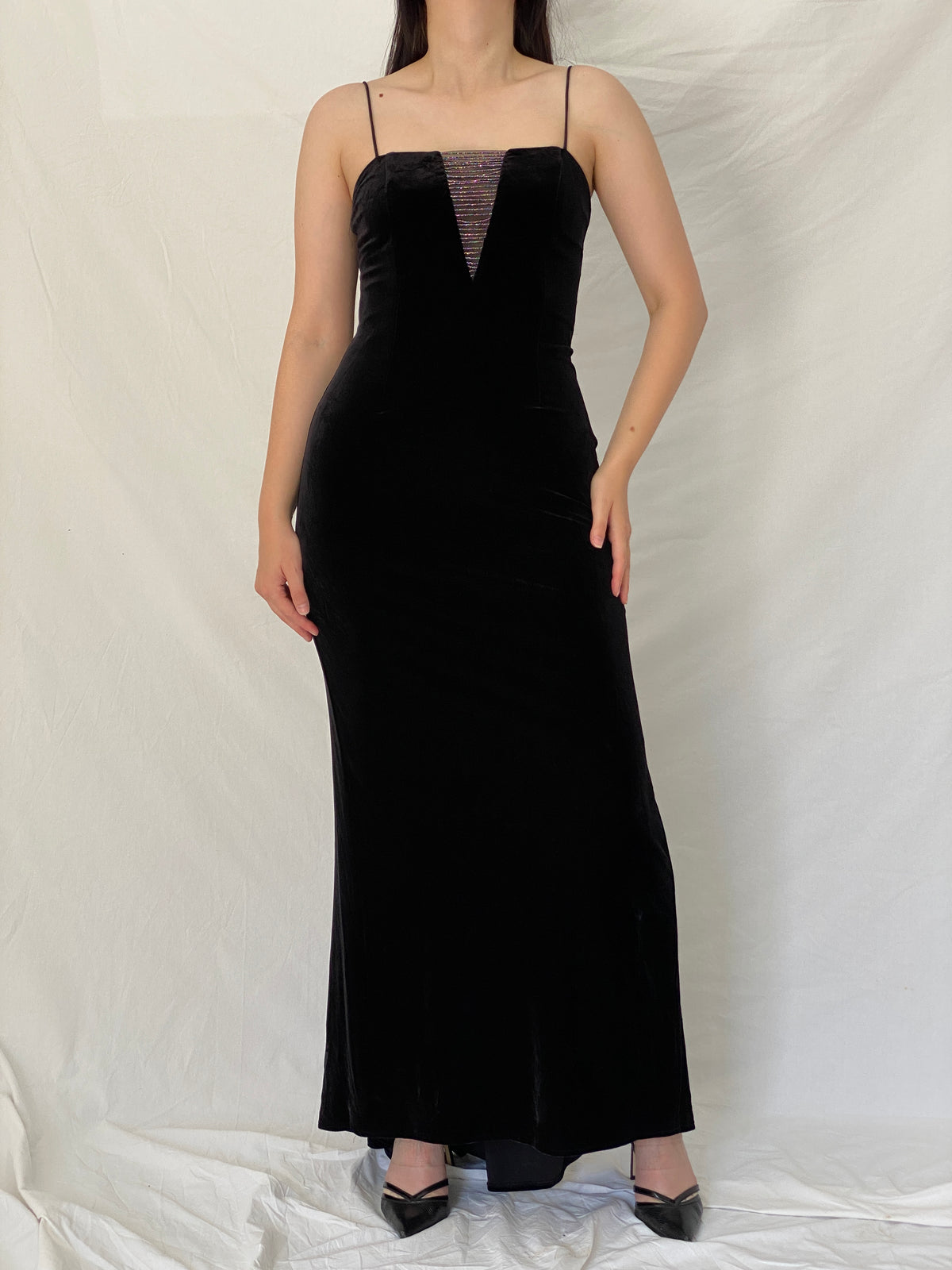 Vintage Betsey & Adam by Jaslene Black Velvet Beaded Illusion Evening Gown – S Vintage Betsey & Adam by Jaslene Black Velvet Beaded Illusion Evening Gown – S
