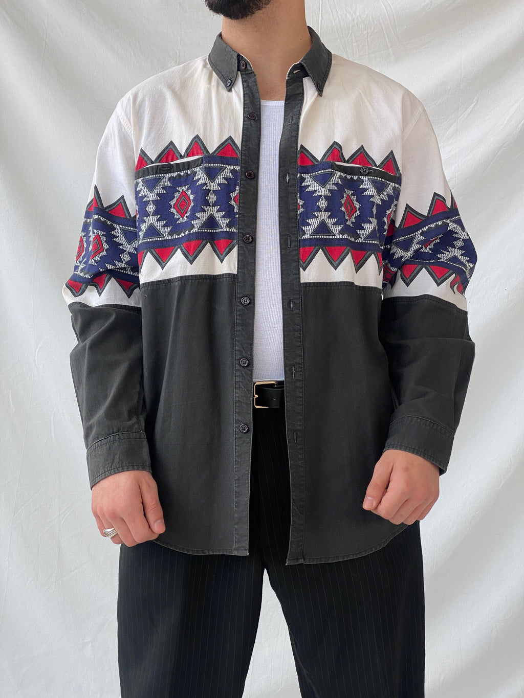 Vintage Spindle River Classics Men’s White Western Style Long Sleeve Cotton Button Up Shirt - L