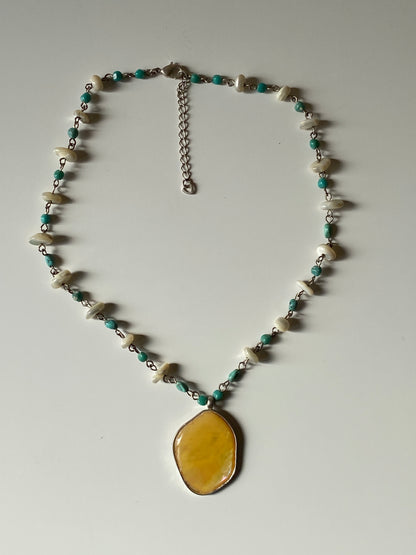 Vintage Yellow Stone Pendant Turquoise Beaded Chain Necklace Boho 90s Artisan Style Jewelry
