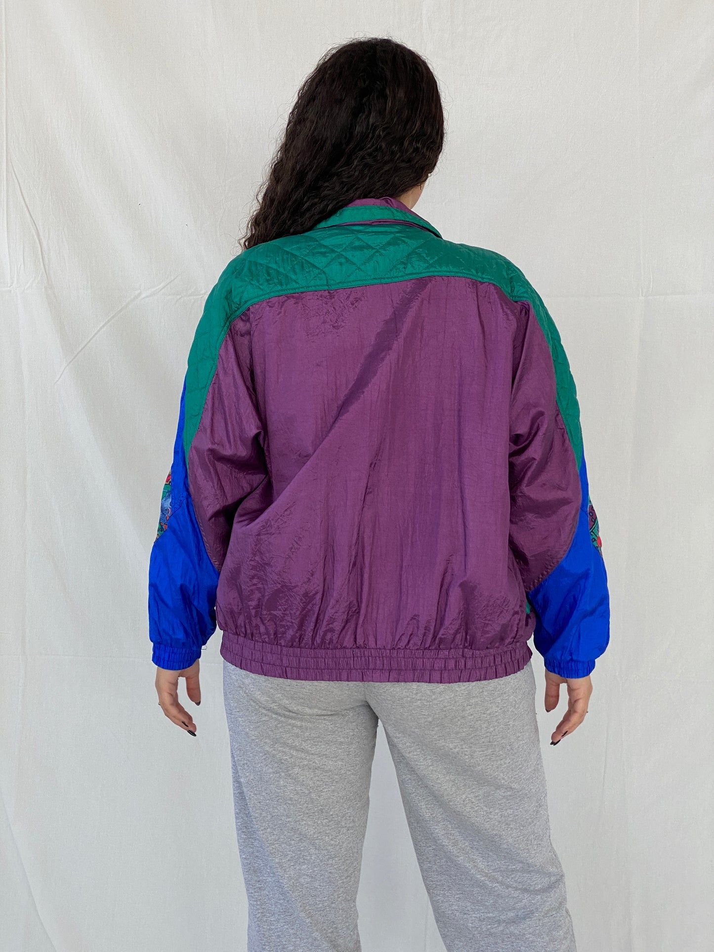 Vintage 80s/90s Active Studio by Div Rousso Quilted Green & Purple Track Windbreaker Jacket - M