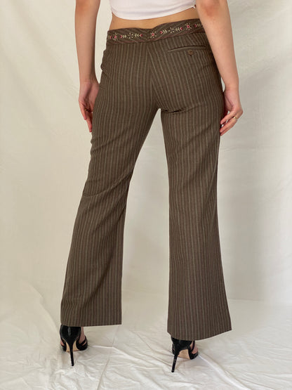 Vintage Rebecca Taylor Brown Wool Pinstripe Embroidered Flare Pants - M