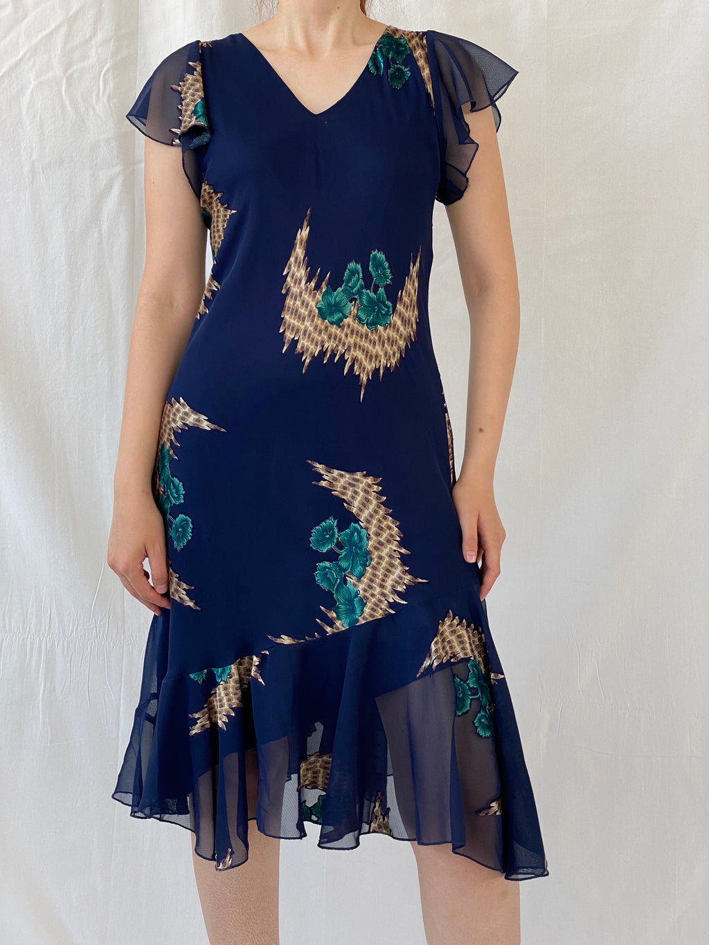 Vintage 90s Eva Blue Dark Blue Midi Asymmetrical Hem Dress - M