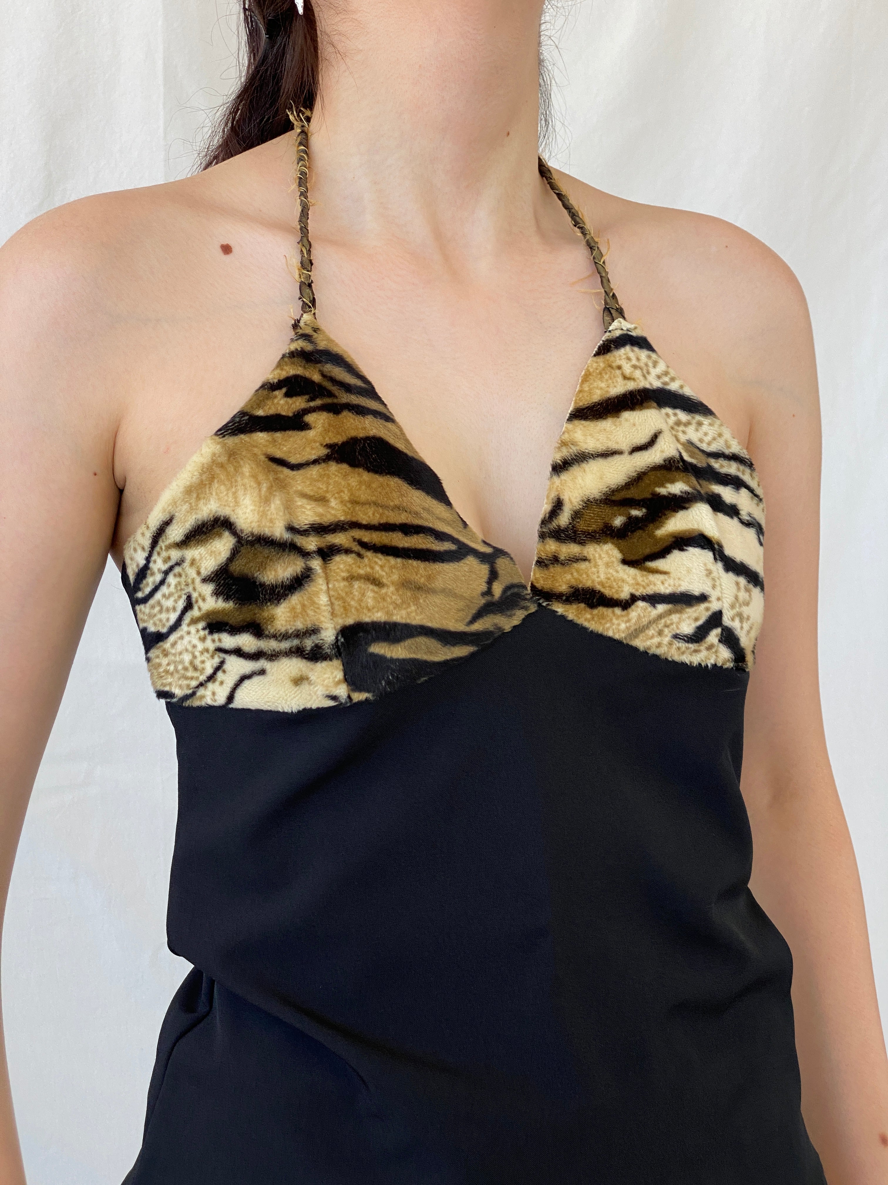 Vintage Y2K Black Halter Top Leopard Fuzzy Backless Top - M