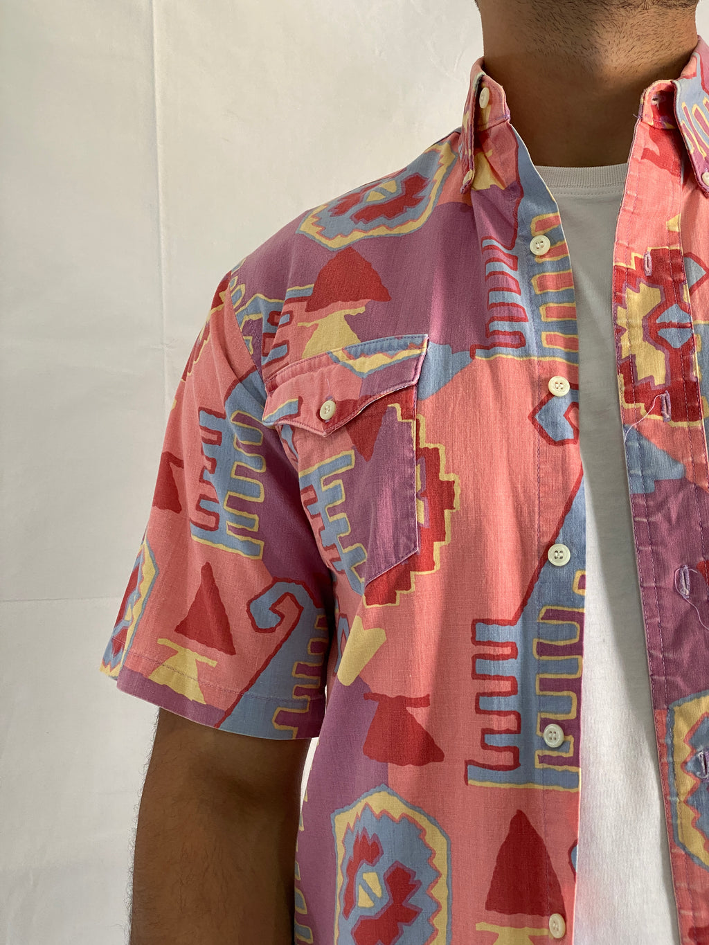 Vintage Wrangler Cotton Aztec Print Men’s Short Sleeve Southwestern Bold 90s Geometric Shirt - M