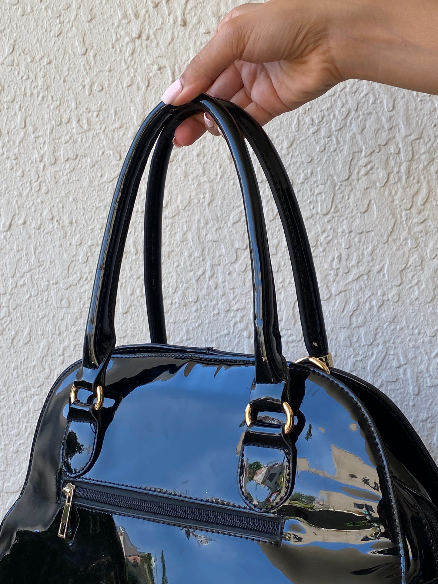 Y2K Black Patent Faux Leather Structured Shoulder Bag