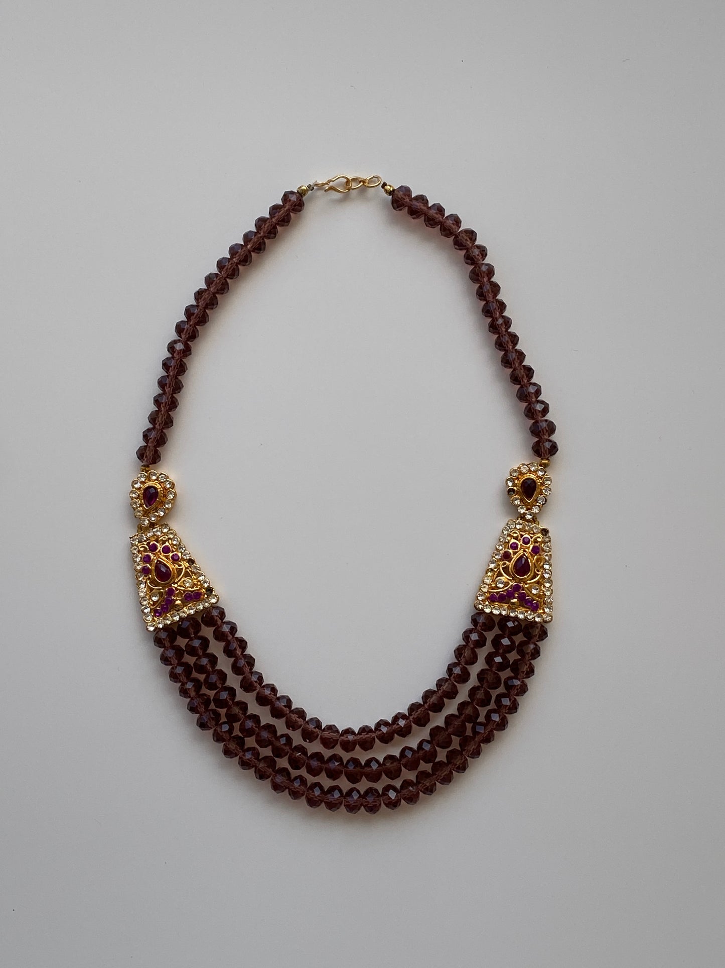 Vintage Jewellery Set Triple Strand Amethyst Crystal Bead Necklace with Rhinestone Gold Earrings